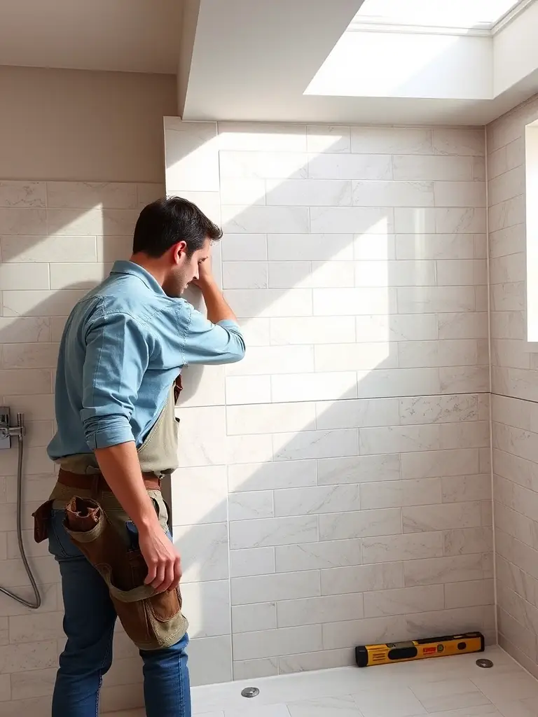 A professional tiler carefully installing large format tiles in a modern bathroom, ensuring precise alignment and a flawless finish, showcasing B.A. Carrelages' expertise in tiling installation.