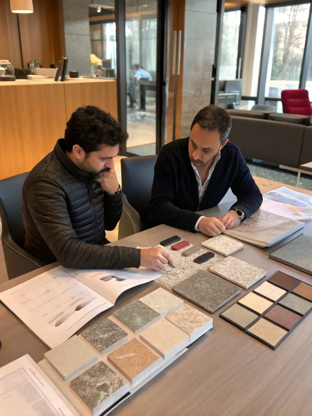 A designer showing samples of tiles and marble to a client in a showroom, assisting them in making informed decisions for their project.