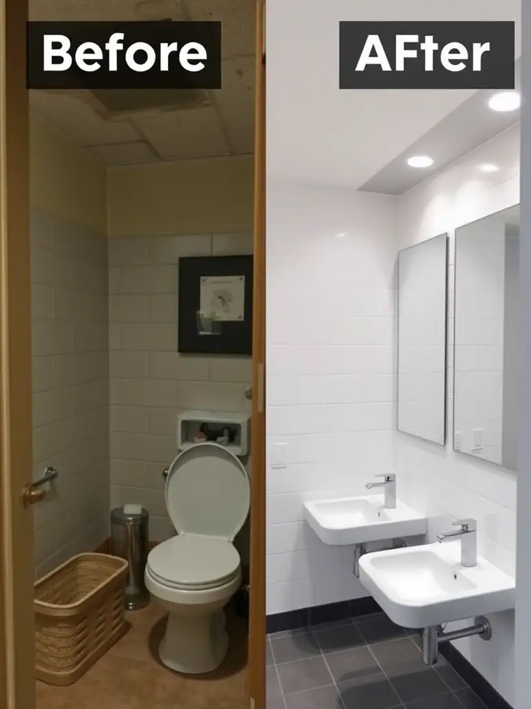 A before-and-after image showing a bathroom undergoing renovation, with demolition work in progress and the new tiling being installed, demonstrating B.A. Carrelages' comprehensive renovation services.
