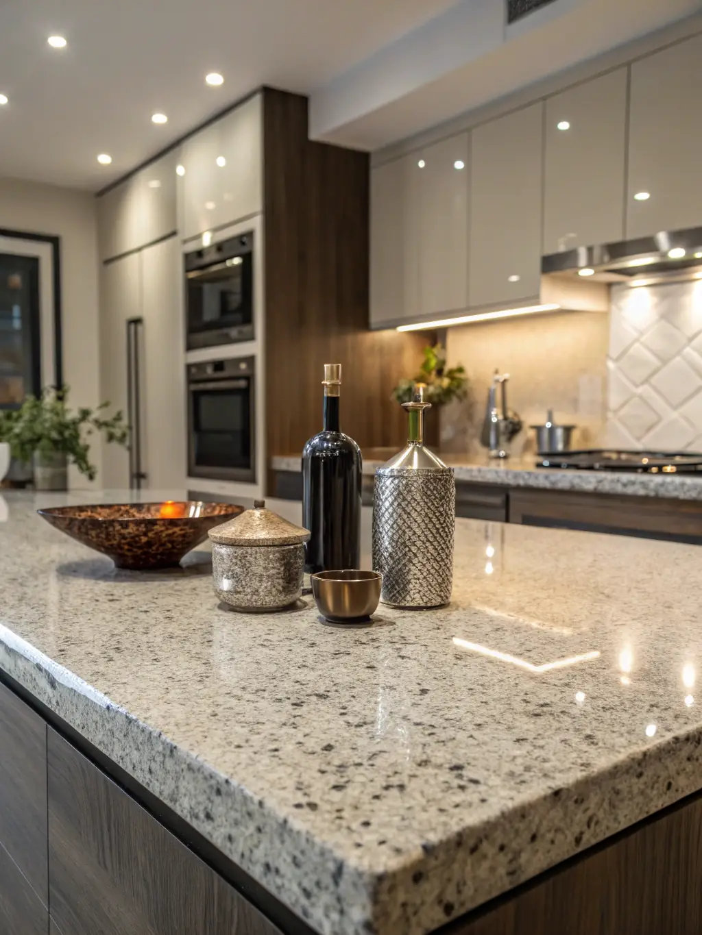 A close-up shot of a newly installed marble countertop in a kitchen, highlighting the natural veining and polished surface, reflecting B.A. Carrelages' attention to detail in marble installation.
