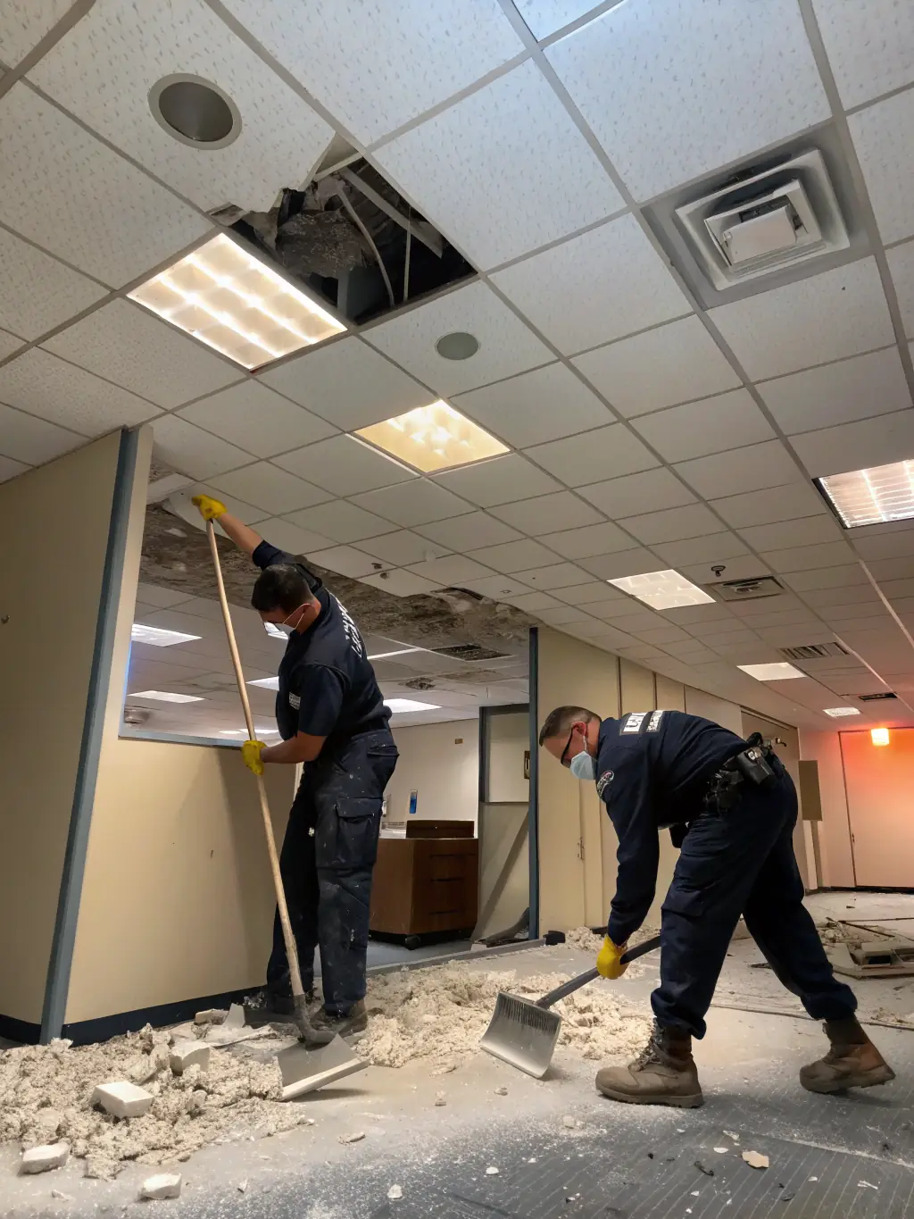 A team of workers demolishing old tiles in a kitchen renovation project, preparing the space for a modern and updated design.
