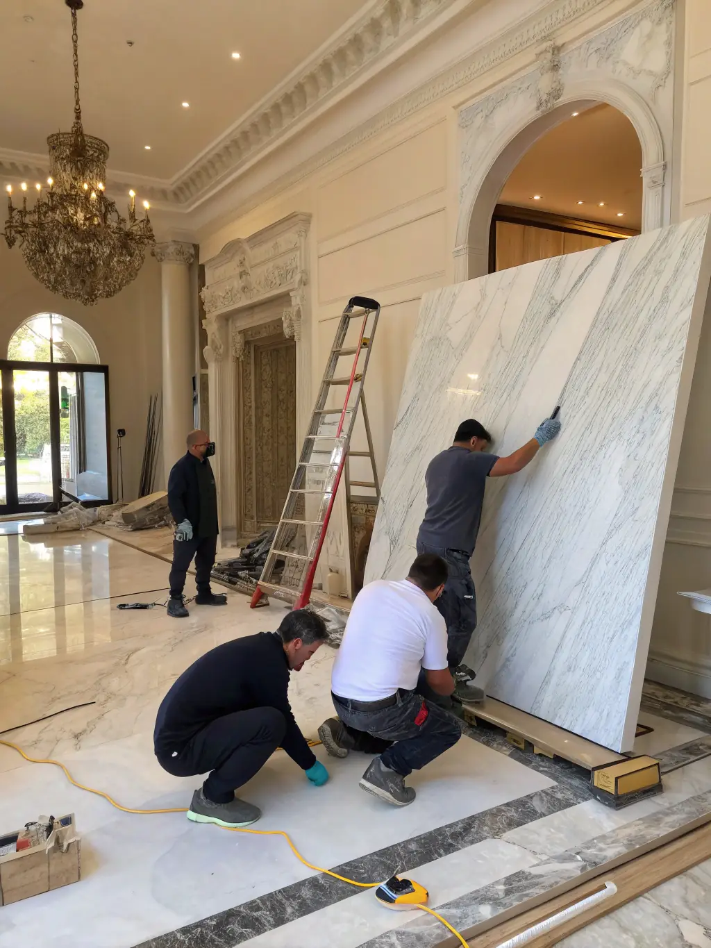 A professional tiler carefully placing large marble slabs on a modern bathroom wall, ensuring precise alignment and a high-quality finish.