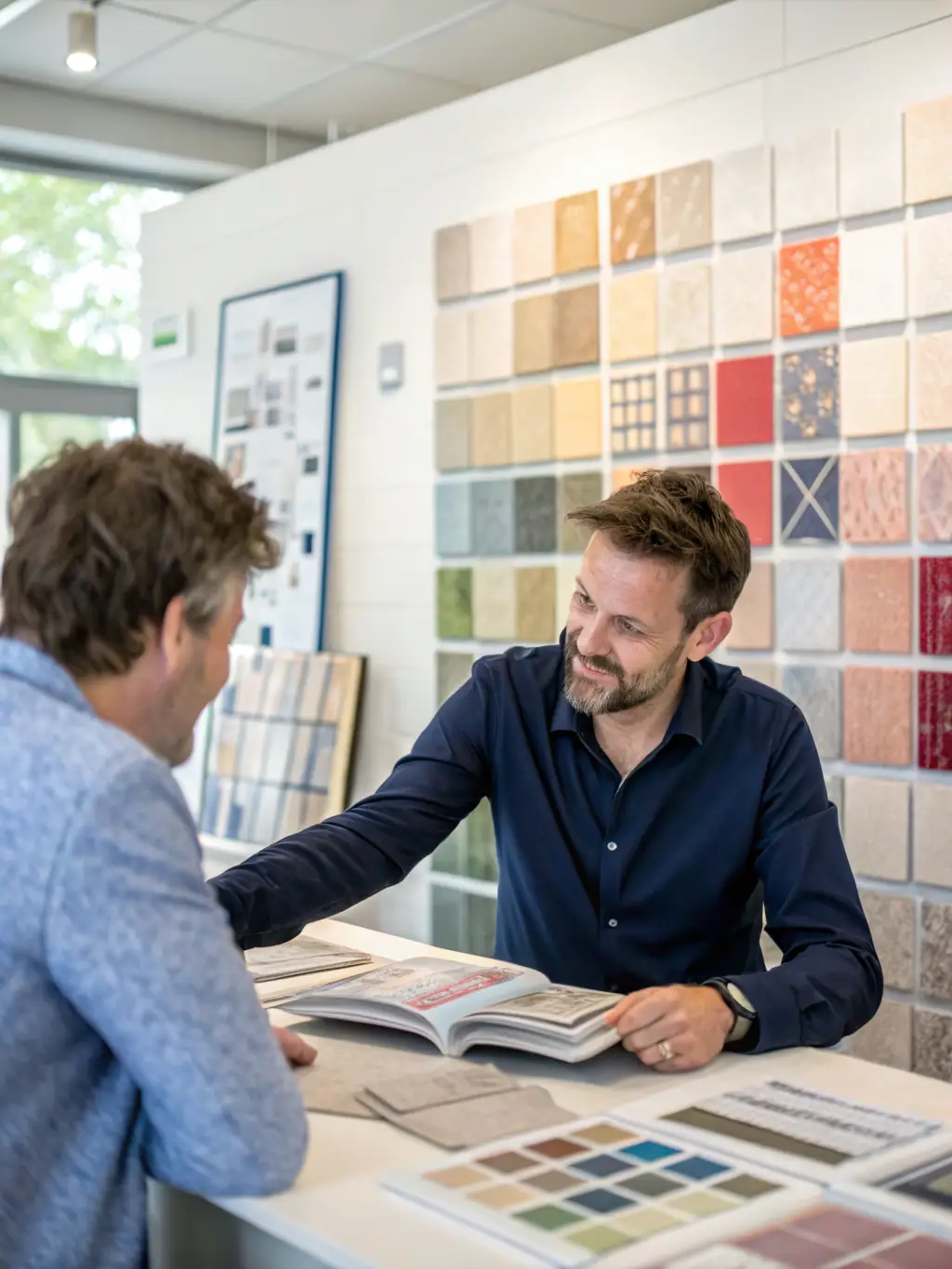 A consultant presenting various tile and marble samples to a client in a showroom, discussing the pros and cons of each material, illustrating B.A. Carrelages' material consultation and support services.